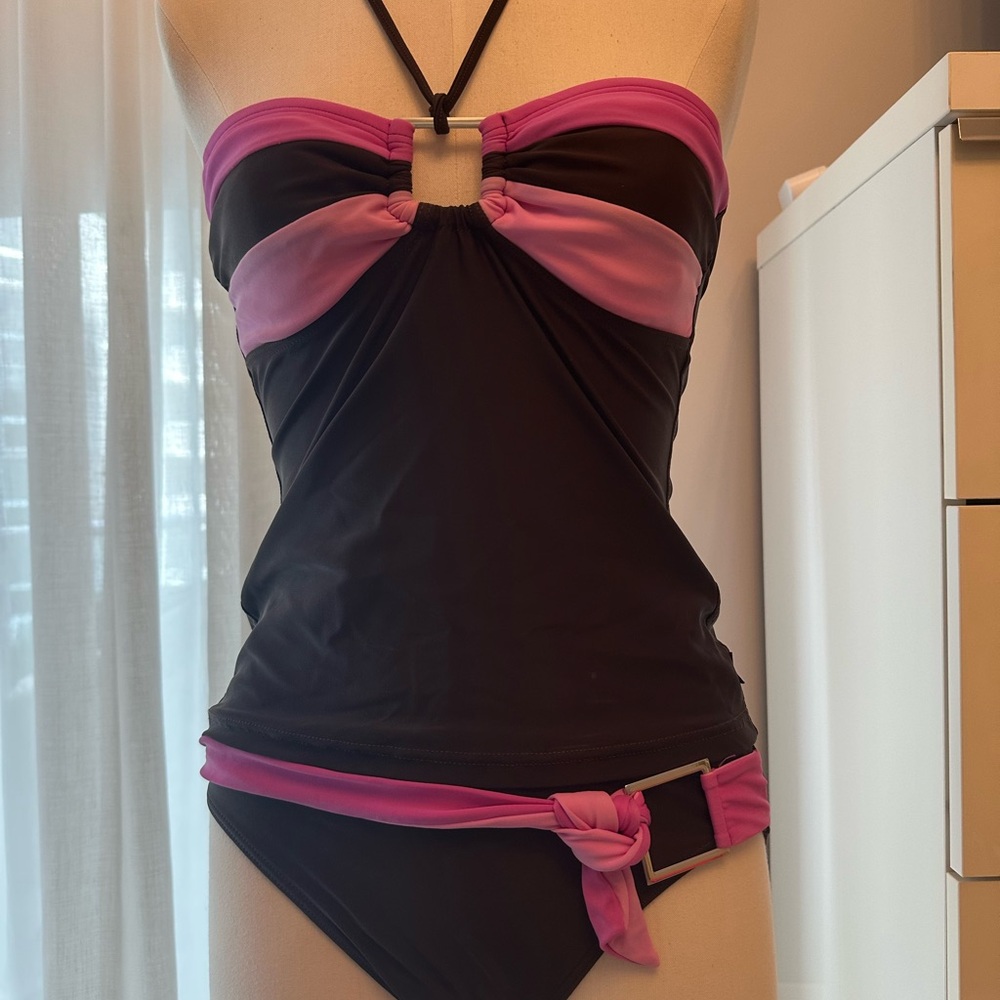 Pink and Black Strapless Swimsuit